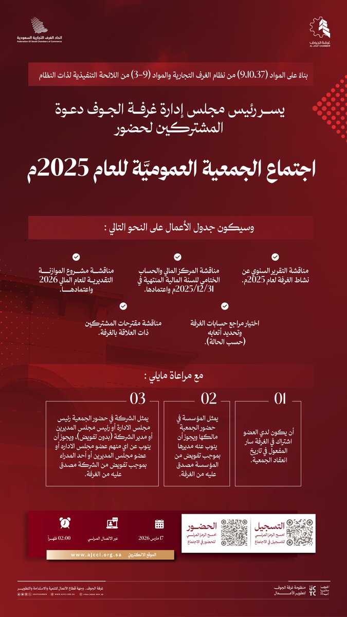joufchamber's tweet photo. يسر رئيس مجلس إدارة #غرفة_الجوف دعوة المشتركين لحضور اجتماع الجمعية العمومية للعام المالي المنتهي 2025م.

🗓️ الثلاثاء 17 مارس 2026م 
🕝 2:00 ظهراً
🖥️ عبر الاتصال المرئي - Zoom 

🔗  رابط التسجيل : https://t.co/AZfHsLEFp2

🔗  رابط الحضور : https://t.co/jFHkoc2N2A https://t.co/geuQrH0mc9