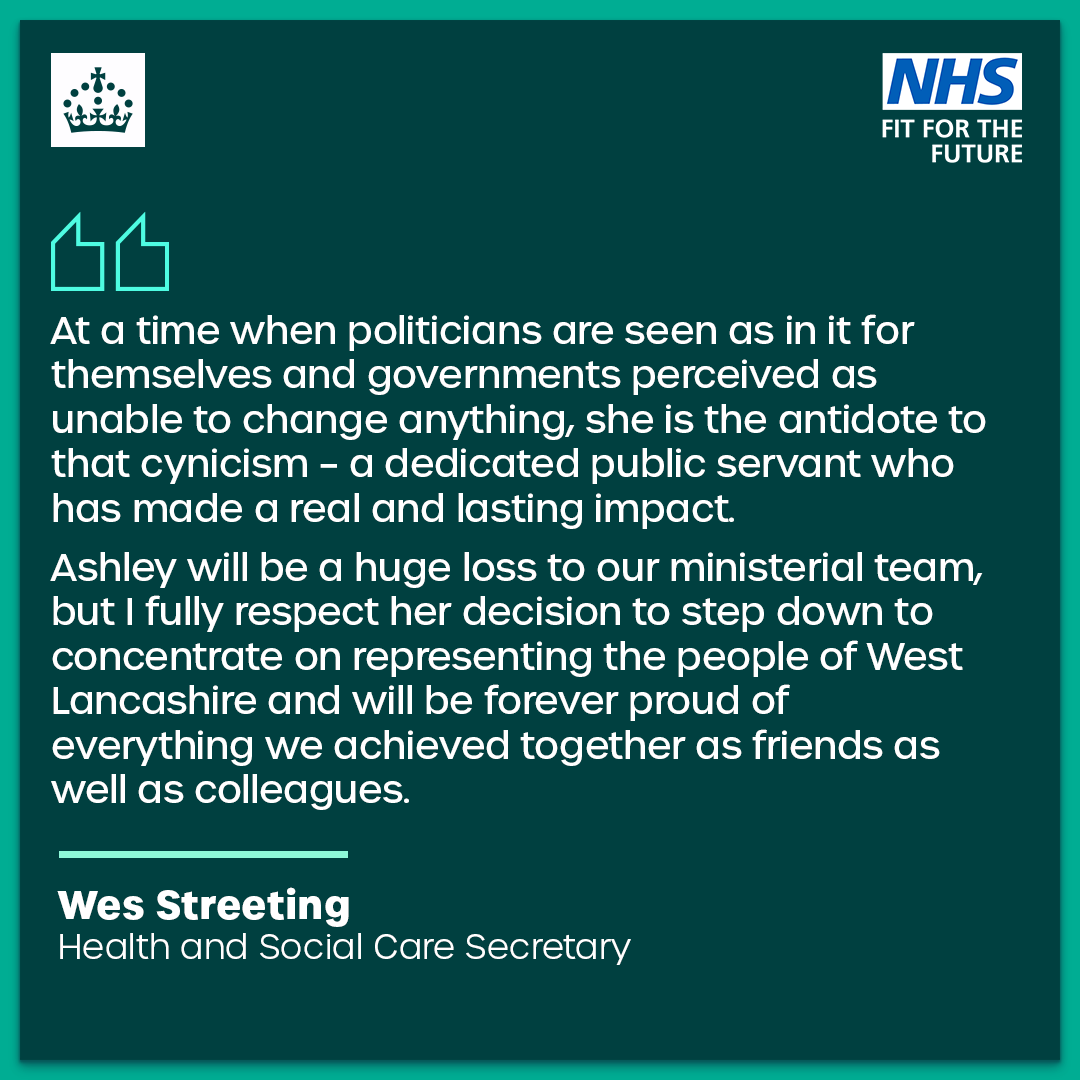 A message from Health and Social Care Secretary <a href="/WesStreeting/">Wes Streeting</a> as <a href="/AshleyDalton_MP/">Ashley Dalton MP</a> steps down from the DHSC ministerial team.