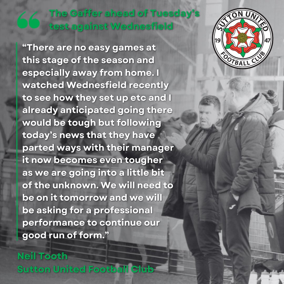 SuttonUtdFC's tweet photo. 🗣️ The Gaffer’s Thoughts Ahead of Tomorrow. 

“There are no easy games at this stage of the season…”

A tough test awaits as we travel to Wednesfield. Let’s get behind the boys! 💚

#SuttonUnited #MatchPreview #UpTheSutton https://t.co/WRgfovoTus