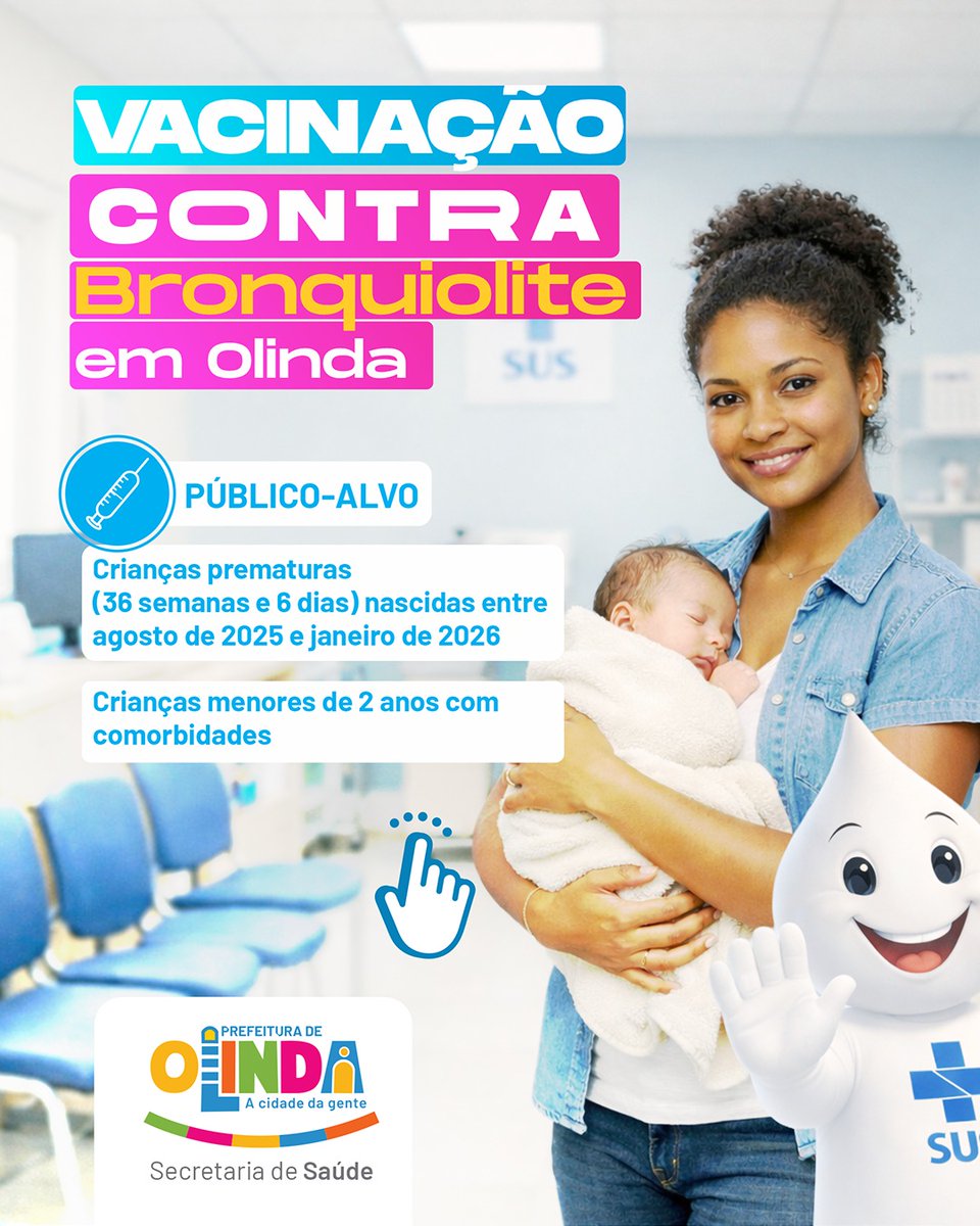 prefolinda's tweet photo. Vacinação contra bronquiolite já começou em Olinda! 
A gente já está realizando a imunização para proteger nossas crianças contra a bronquiolite, e esse cuidado faz toda a diferença, principalmente para os pequenos mais vulneráveis. 💙
Quem pode receber: https://t.co/k1n8zjuhs4