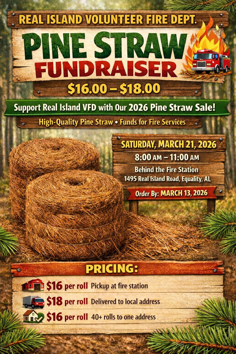 stephenmorris's tweet photo. Great pine straw for a great cause! In the Real Island Volunteer Fire Department area? ORDER TODAY! https://t.co/WuPIwmP3rZ https://t.co/lpHVfLyyv0