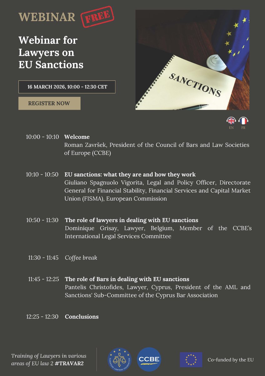 CCBEinfo's tweet photo. 🚩Do not miss the next CCBE/ELF webinar for lawyers, which will focus on EU sanctions!
🗓️Monday 16 March 2026
⏲️ 10:00 - 12:30 CET
Register for free here ⬇️
https://t.co/Sbc3NRtFfq
👉Read the programme: https://t.co/4p8v4OtO2Y https://t.co/p0brR2Kb6h