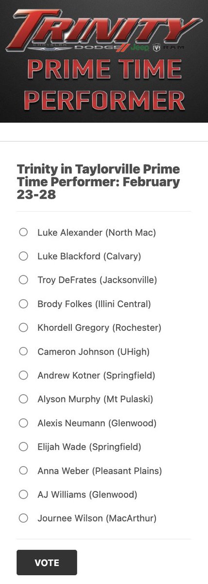 Channel1450com's tweet photo. The postseason brings out the best performances on Trinity in Taylorville's Prime Time Performer!

You can vote for the best performance of the week every 12 hours on the site until Friday at 5pm.
https://t.co/fPXiv2I9xU https://t.co/ggximgs9Ga