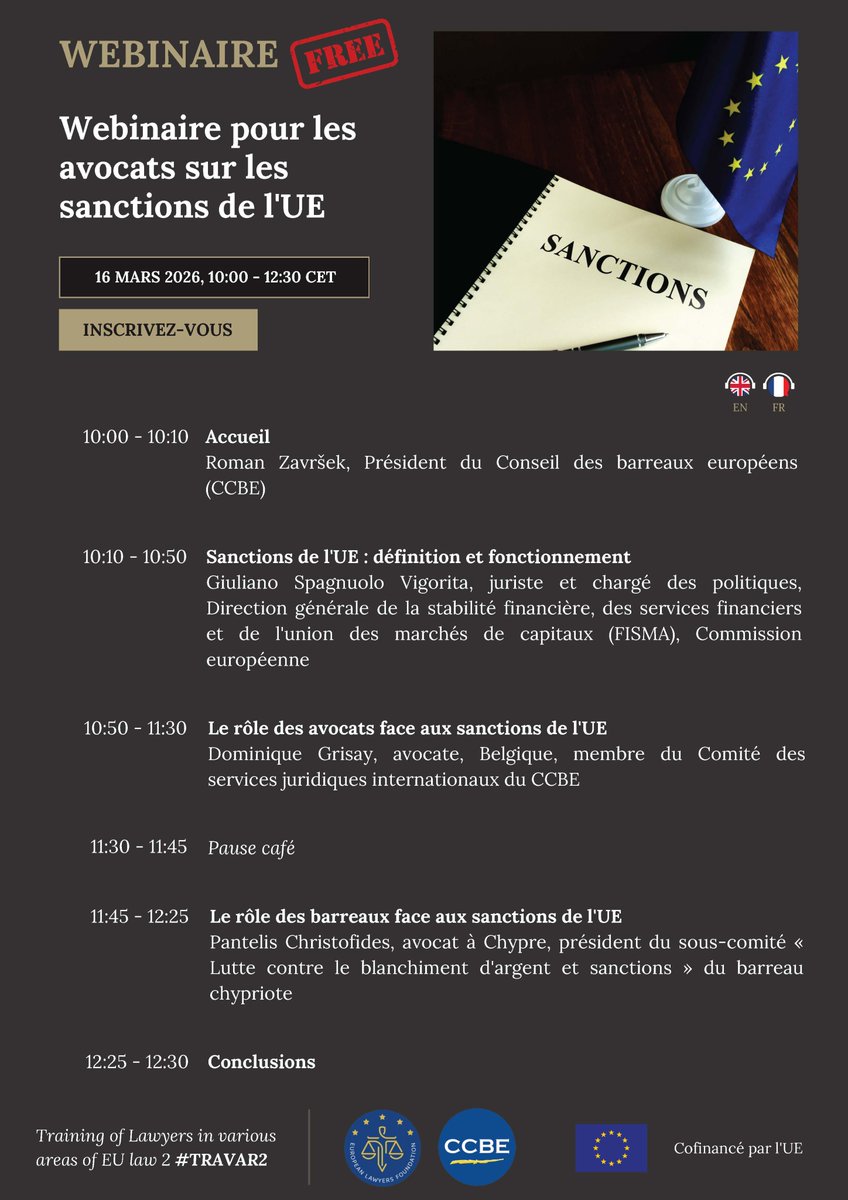 CCBEinfo's tweet photo. 🚩Ne manquez pas le prochain webinaire du CCBE/ELF pour les avocats, qui portera sur les sanctions de l'UE !
🗓️Lundi 16 mars 2026
⏲️ 10h00 - 12h30
Inscription gratuite ⬇️
https://t.co/Sbc3NRtFfq
👉Consultez le programme ici: https://t.co/eZiYkRO2ax https://t.co/UrtjaJXL3c