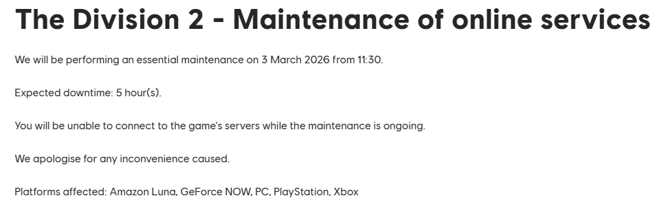 Downtime tomorrow! #TheDivision2 

Hopefully, we will get patch notes soon!  I will be live all day tomorrow!