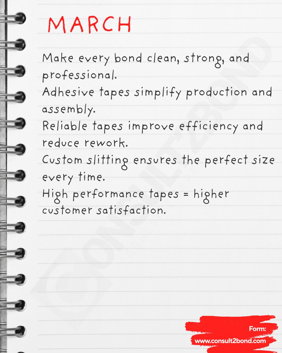 consult2bond's tweet photo. March into your next project with confidence 🚀
If your tape isn’t performing — it’s time to upgrade to industrial-grade bonding.

✅ Strong adhesion
✅ Clean application
✅ Reliable results

#Consult2Bond #MarchMotivation #IndustrialTape #TapeExperts #CustomSlitting https://t.co/poSXW03jrK