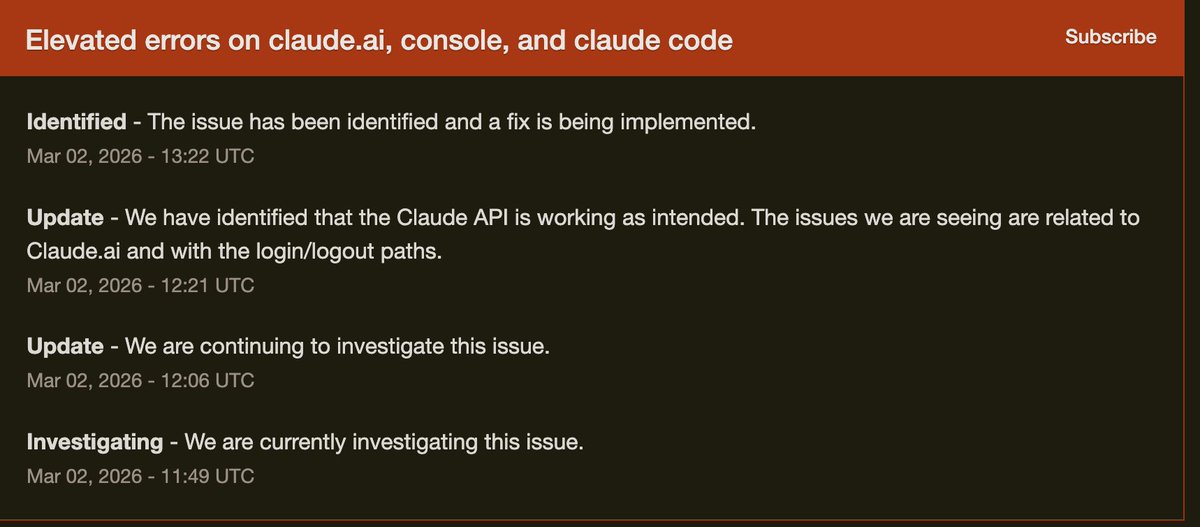 AlFcl's tweet photo. Hoy https://t.co/a2wxoSuLbF y Claude Code tuvieron problemas.

La API estaba bien.
El l��o fue en el login y las sesiones web.

A veces no es que todo se caiga…
solo una parte crítica.

Por eso, cuando trabajas con AI en producción, la arquitectura sí importa. #Claude #claudecde https://t.co/3HpxMkfLJE