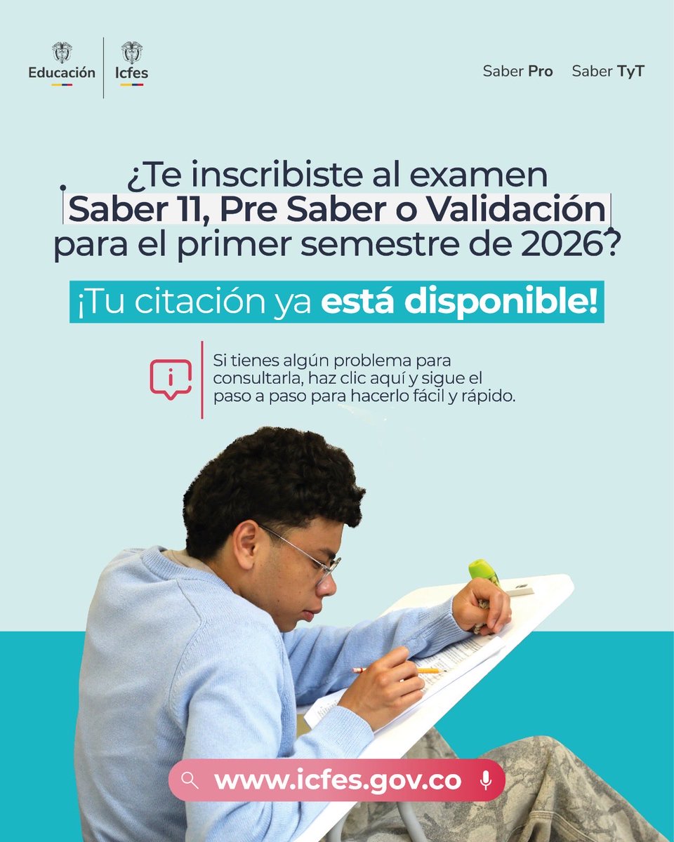 ICFEScol's tweet photo. ¿Estás inscrito para presentar el examen Saber 11 calendario B, Pre Saber o Validación del Bachillerato Académico? 👋Recuerda que ya está disponible tu citación en nuestra página web. Si tienes dudas con el proceso, te invitamos a seguir nuestro paso a paso: 
https://t.co/oURvj0NkJ5

👉No olvides que la citación no llegará a tu correo electrónico sino que deberás consultarla en nuestra página web.