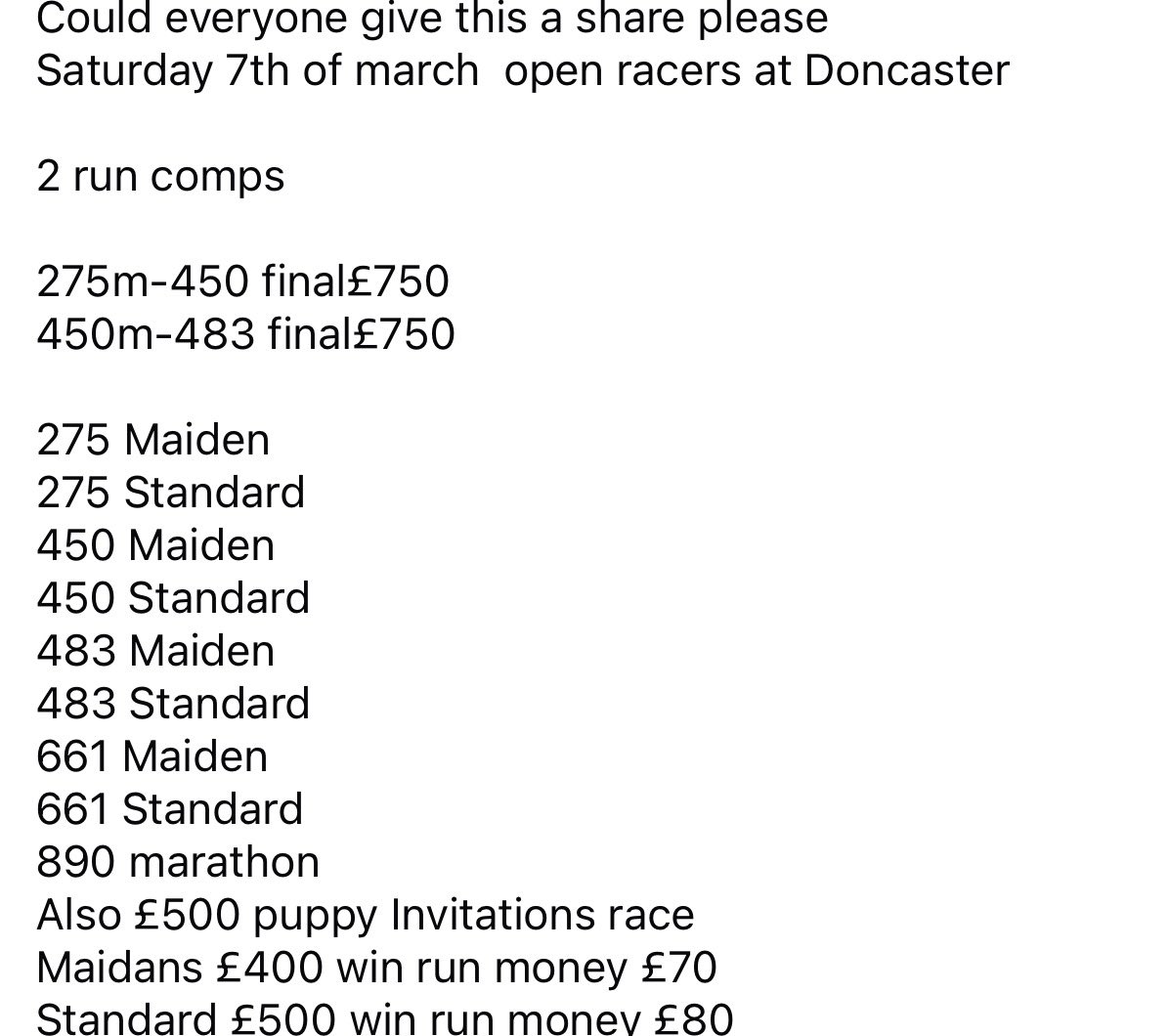 Would everyone be kind enough to give this a re tweet please, 
Racers and distances to suit all 👍🏻