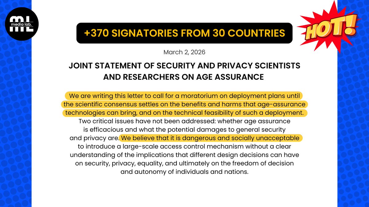 the_info_labs's tweet photo. 🔥 370+ researchers from 30 countries sound the alarm on #AgeVerification
The signatories are not asking for a delay for delay's sake. They are asking for scientific consensus before we reshape the digital public sphere for everyone, not just minors.
🔗 https://t.co/tBYWZkt6oy https://t.co/6dsYQoAa0G