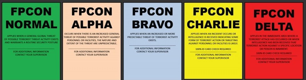 Force Protection Condition BRAVO is typically where US bases have been since 9/11, with few exceptions.

The increase in vehicle/pedestrian searches, suspension of the Trusted Traveler Program and directives for US troops to no longer wear their uniforms off base is closely