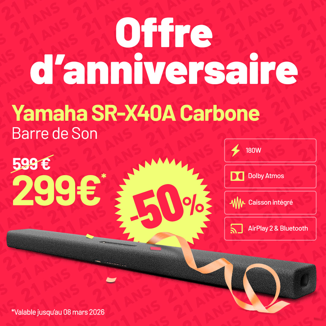 21 ans EasyLounge : Le deal de la semaine est là ! 🥳🔥

Offrez-vous l'immersion sonore ultime avec la barre de son Yamaha SR-X40A Carbone à seulement 299€ !

#EasyLounge21 #Yamaha #DolbyAtmos #BonPlan #HomeCinema #Promo