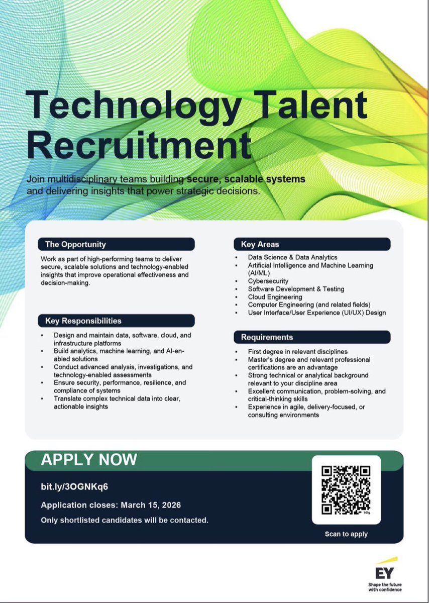 GABATA_NG's tweet photo. EY Technology Talent Recruitment 2026

If you are passionate about building secure, scalable systems and delivering insights that power strategic decisions, this opportunity offers a platform to work on high-impact

https://t.co/Mc5Olh8ir8

https://t.co/OYEvZztUUL https://t.co/oLpKBLhNRx