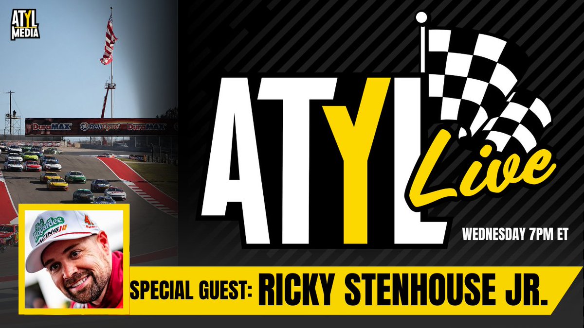 ATYLmedia's tweet photo. ATYL Live with Ricky Stenhouse Jr.

Tune in as we catch up with Ricky about the start of the 2026 NASCAR season and more. Plus, the ATYL Media team shares our predictions for the upcoming F1 and NHRA season openers.

🗓️Wednesday (3/4)
🕖7PM ET
📺 https://t.co/x39vgZP1zN https://t.co/zCNIEPh7Iz