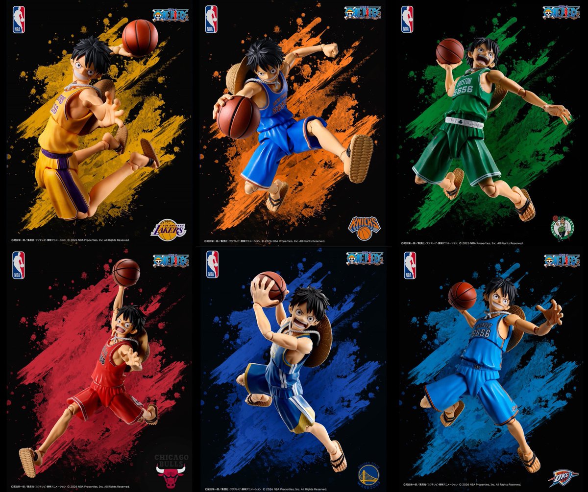 OPMerchandise's tweet photo. Additional product photos for the One Piece x NBA S.H.Figuarts Monkey D. Luffy figures have been officially revealed!

6 types:
• Los Angeles Lakers
• New York Knicks
• Boston Celtics
• Chicago Bulls
• Golden State Warriors
• Oklahoma City Thunder

Will be sold in Japan and other Asian regions.

🇯🇵: October 2026

#OnePiece