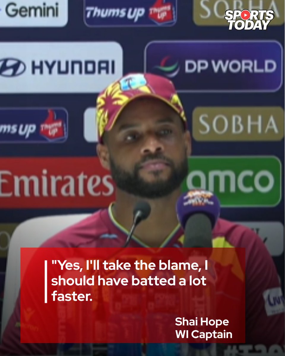 SportsTodayofc's tweet image. Shai Hope takes the responsibility after the tough outing, admitting he should have accelerated more with the bat.

#ShaiHope #WestIndies #WIvIND #Cricket #CricketNews #PostMatch #CaptainSpeak #MatchReaction #CricketUpdates #SportsToday #ICC #ICCT20WORLDCUP2026