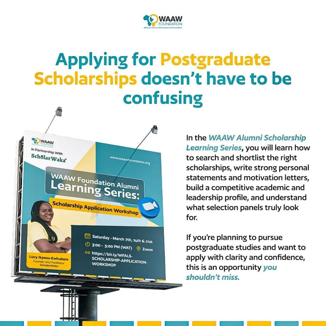 Postgraduate scholarships don’t have to be confusing!

Ready to take the next step in your academic journey but overwhelmed by the process? 

@WAAW Foundation got you covered.
Join WAAW Foundation Alumni Learning Series: Scholarship Application Workshop and learn how to:
👉Search