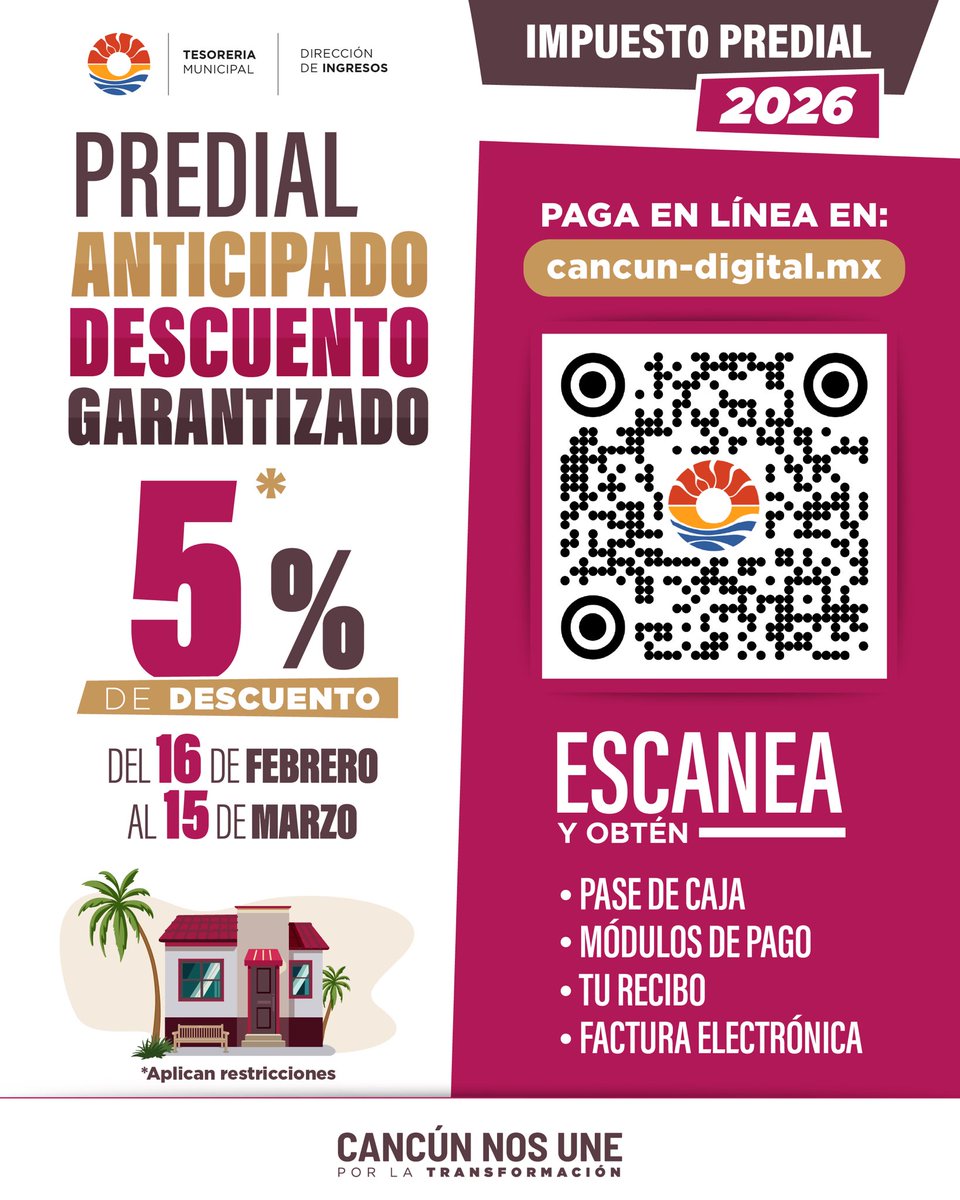 ¡Últimos días para aprovechar el 5% de descuento en el pago de tu #Predial2026! 🏡💻

📲 Desde casa realiza el pago de tu predial en cancun-digital.mx es muy fácil, rápido y seguro.

Sigamos transformando juntas y juntos nuestro Cancún.🤝

#CancúnNosUne #PorLaTransformación