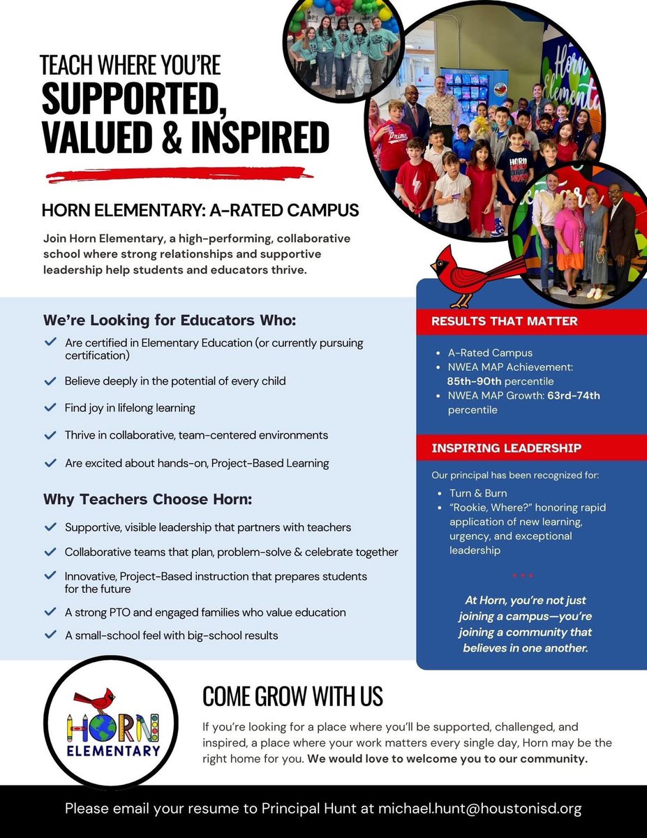 hornelem's tweet photo. Horn Elementary is hiring for the 2026–2027 school year.

If you are passionate about high expectations, strong instruction, and doing what is best for kids, we want to meet you.

Join a campus where excellence is the standard. https://t.co/qERqUXw3RF