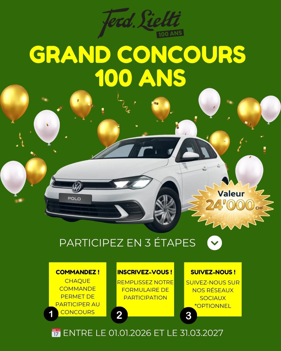 ferdlietti's tweet photo. 🚗 GRAND CONCOURS – 100 ANS FERD. LIETTI SA 🎉

Gagnez une voiture d’une valeur de CHF 24’000.–.
1️⃣ Passez commande
2️⃣ Inscrivez-vous en ligne

📅 Commandes du 01.01.2026 au 31.03.2027
👉 https://t.co/mc3nBxxaqL

Bonne chance 🍀

#FerdLietti #100ans #Concours https://t.co/O3g2goyRr7
