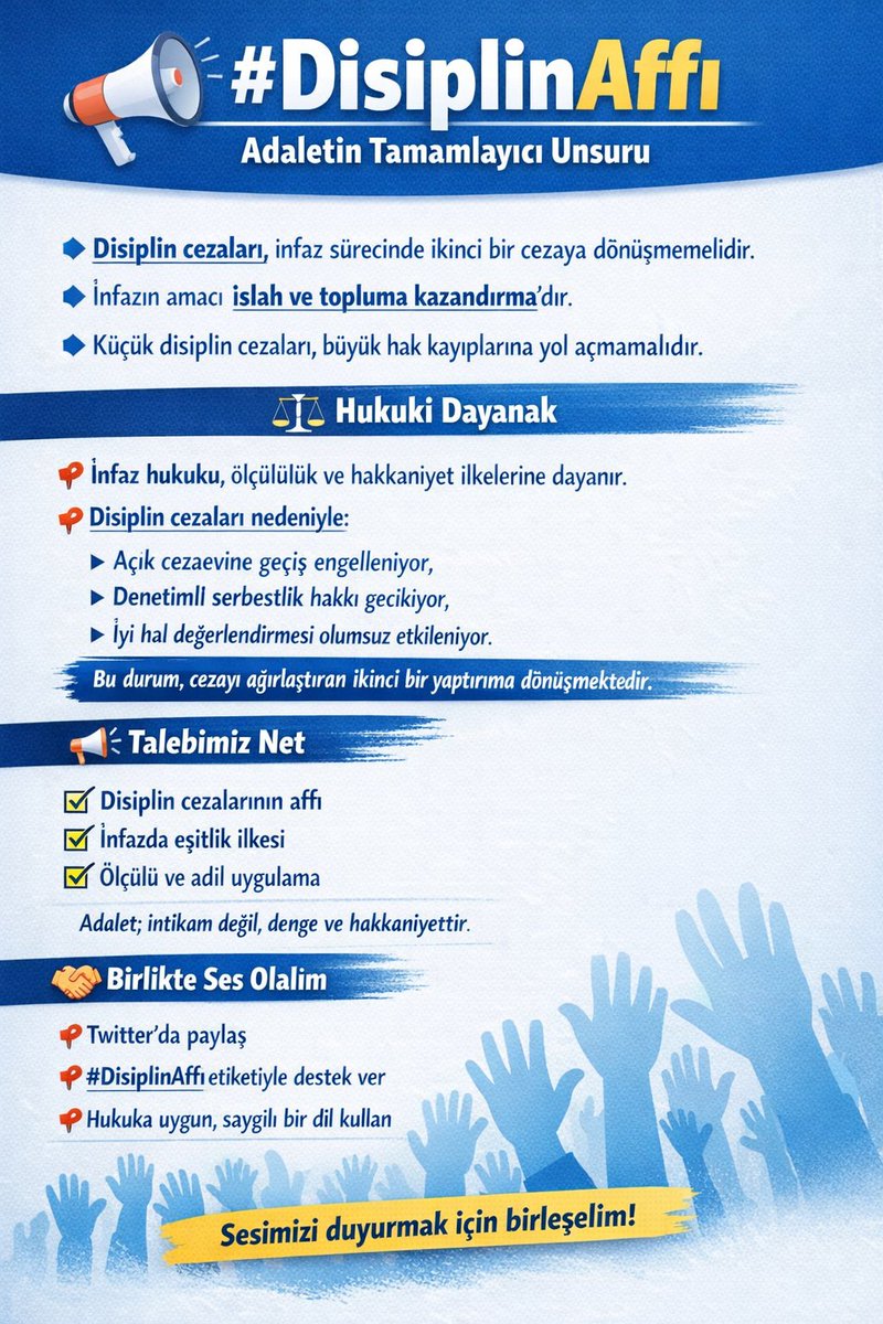 mira9941's tweet photo. 02/03/2026 Saat:20:00:21:00 Arasında #DisiplinAffı tag çalışmamız vardır...

#DisiplinAffı
İnfazın amacı cezayı ağırlaştırmak değil, insanı ıslah edip topluma kazandırmaktır. Küçük disiplin cezaları; açık cezaevi, denetimli serbestlik ve iyi hal hakkını engellemekte. ⚖️ https://t.co/hE3OnXnpSK