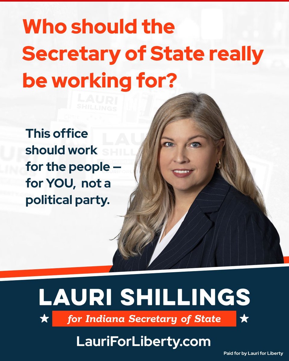LauriforLiberty's tweet photo. Most people only hear about the Secretary of State during election season.
This office affects you every day: while voting, starting a business, or filing records. It sets the tone for efficiency &amp; trust across Indiana. What would help you trust this office more? I’m listening. https://t.co/85vJBLWVrC