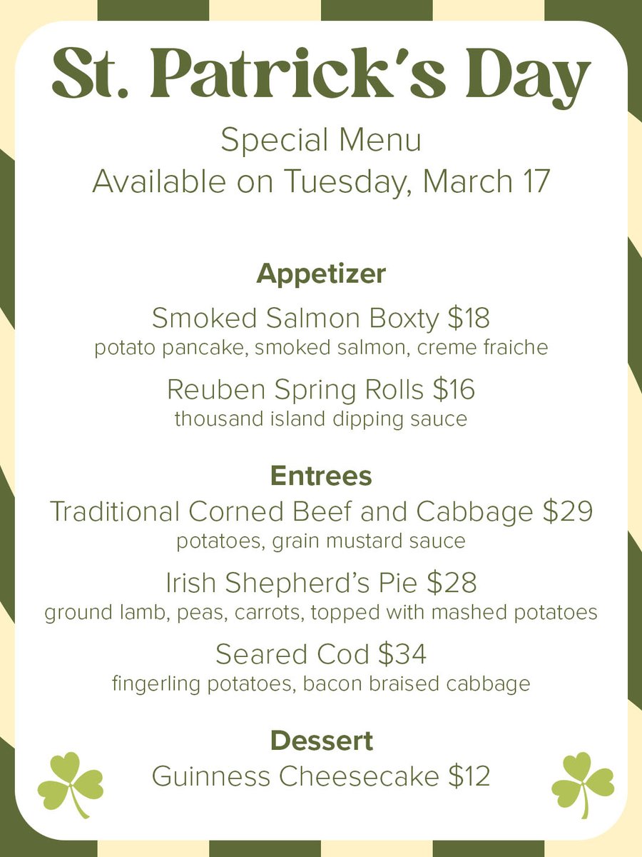 yardleyinn's tweet photo. ✨St. Patrick’s Day is right around the corner! Make sure to grab a seat for our Exclusive St. Patty’s Day menu available on Tuesday, March 17th!☘️🍻 https://t.co/CJ7eoZ2nnJ
