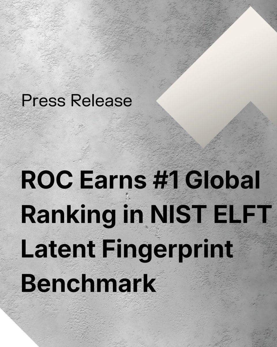 ROC_VisionaryAI's tweet photo. $ROC announces its latent fingerprint algorithm has been ranked #1 in performance with the lowest False Negative Identification Rate on the DoD-provided dataset strengthening our position in mission-critical identity security. 

🔗 https://t.co/hwLm1lifdn https://t.co/ZHyiiwxiW9
