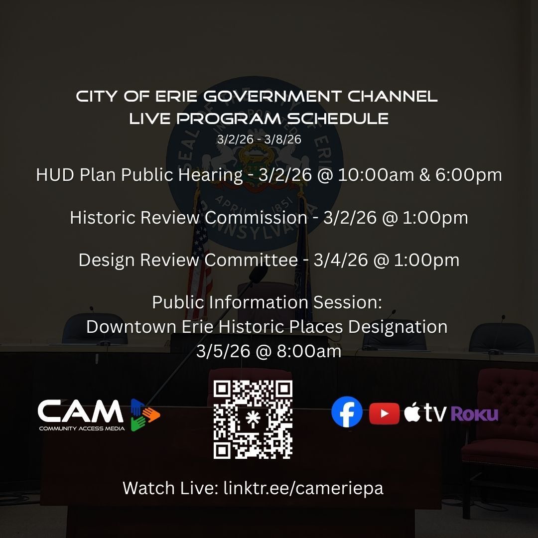 CAMEriePA's tweet photo. Our weekly live programming lineup for the week of 3.2.26 to 3.8.26. Explore our full schedule at https://t.co/2pB4GN53xz. Catch the live broadcasts on Roku or Apple TV by installing our CAMEriePA app. #CAMERIEPA #LIVEPROGRAMMING #CITYOFERIE https://t.co/9uXty4nOvz