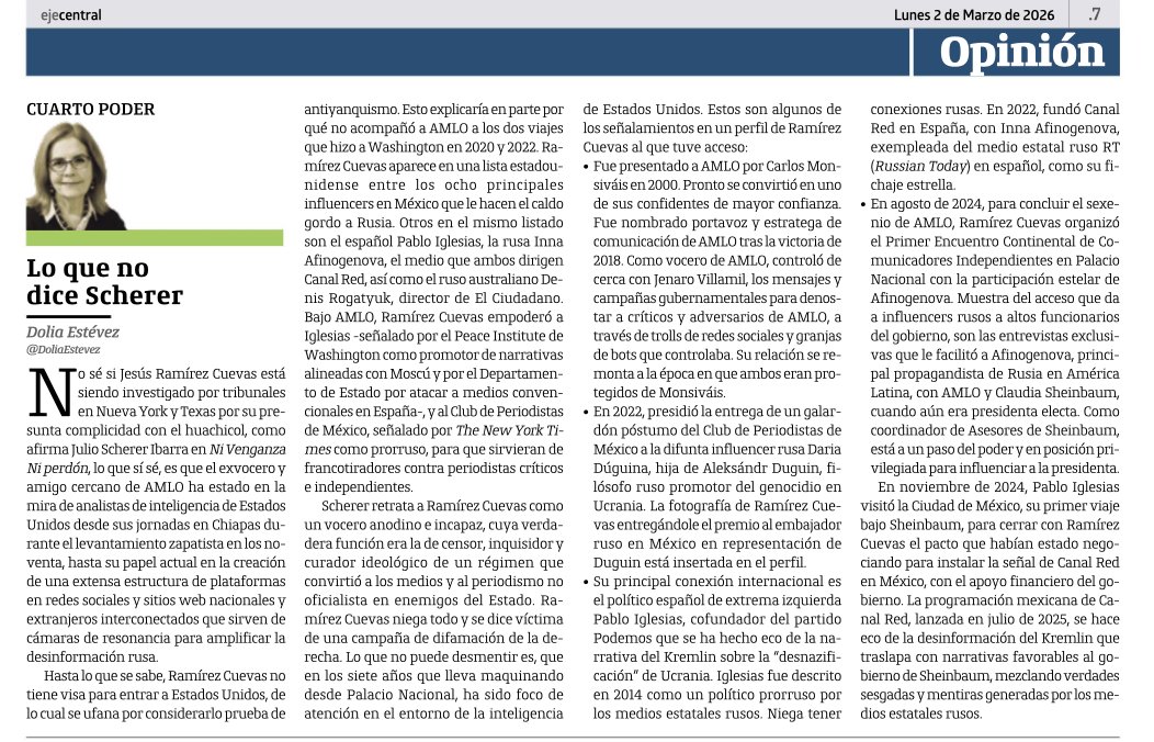 No sé si Jesús Ramírez Cuevas está siendo investigado por tribunales en Nueva York y Texas por su presunta complicidad con el huachicol, como afirma Julio Scherer, lo que sí sé, es que el ex vocero de AMLO ha estado en la mira de analistas de inteligencia de EEUU. <a href="/EjeCentral/">EjeCentral</a> 1/