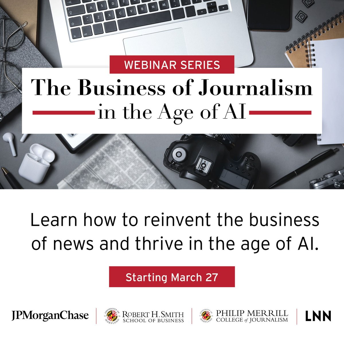 merrillcollege's tweet photo. The news business needs to reinvent itself to best serve the public, and “The Business of Journalism in the Age of AI” — a new webinar series from Merrill College and the #UMD @SmithSchool — will teach news leaders how to take part in that transformation. 

Merrill & Smith experts team with industry leaders to explore how the business model of journalism can evolve into something more sustainable and show how to thrive in the age of AI. 

The 10-session series launches March 27 and includes monthly webinars through December. All are Fridays from 12-1 p.m. Sign up for just one or all 10! 

REGISTER TODAY: https://t.co/WCRpaycaM6