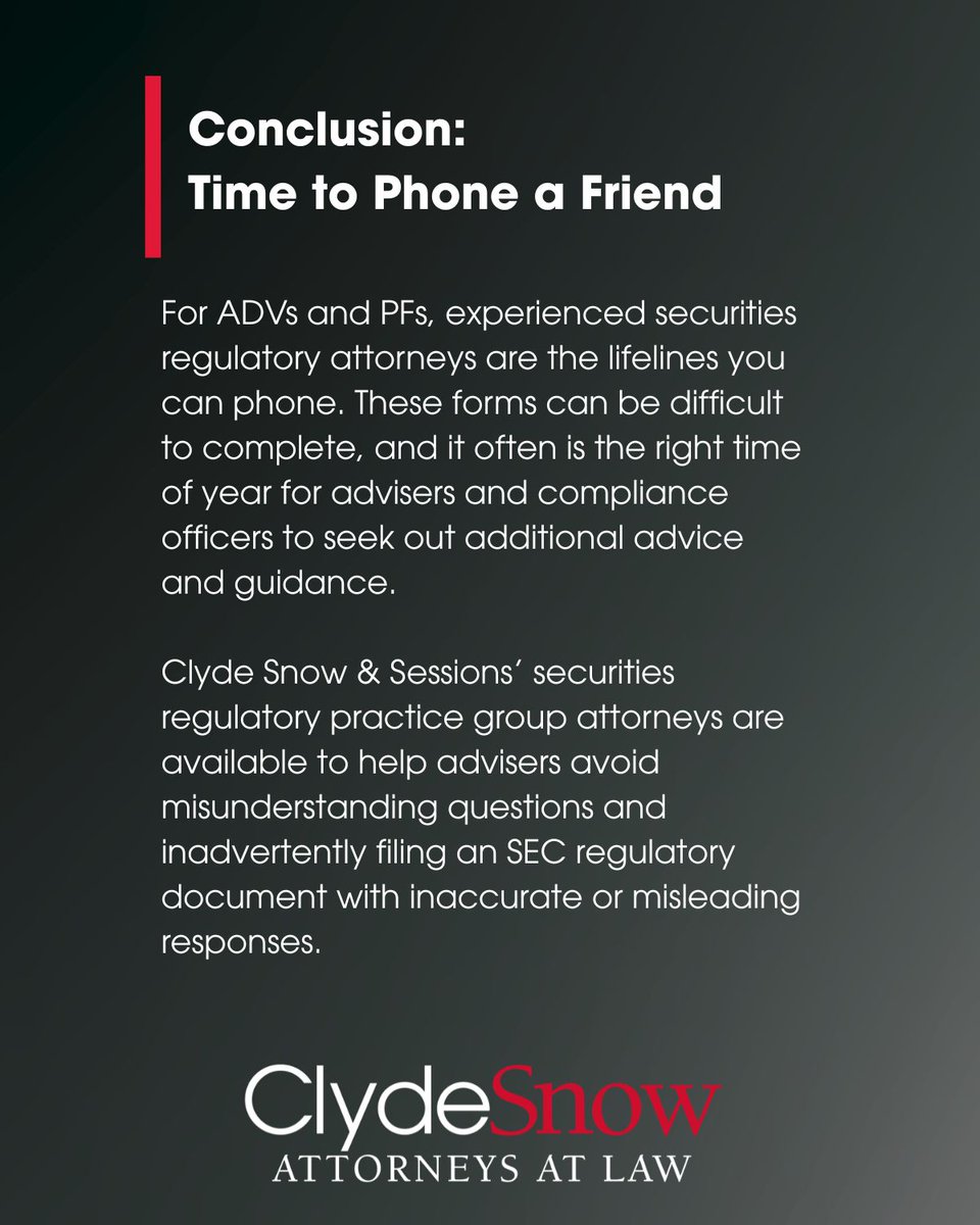 It is ADV Annual Amendment Season! If you are an investment adviser, you know that timely and accurate filing is essential.  Avoid misunderstandings and stay ahead of compliance. 

See our team of of regulatory and securities attorneys here: ow.ly/lb2w50Ynkxi