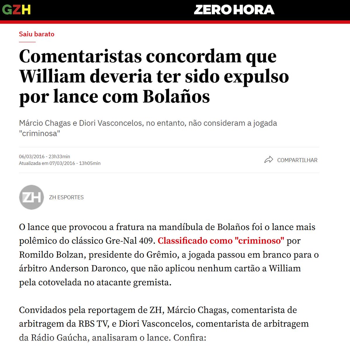 LucasZang's tweet photo. Estou acompanhando o GZH, Segue o Fio, e demais veículos da RBS… nenhuma matéria ou debate sobre expulsão de Arthur ontem. Lembro que no caso William x Bolaños, ele merecia expulsão, virou criminoso, respondeu processo no STJD e no dia pós grenal era só disso que se falava! https://t.co/Xm8dvcezz3