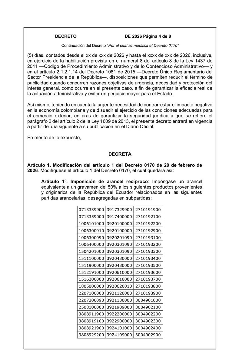 UltimaHoraCR's tweet image. #ECONOMÍA | El Gobierno colombiano (@Mincomercioco) publica el borrador de decreto subiendo aranceles del 30% al 50% a productos que provienen de Ecuador. 

Además, amplía los impuestos a más de 100 nuevos productos como sal, azufre, artículos sanitarios de plástico, entre otros,