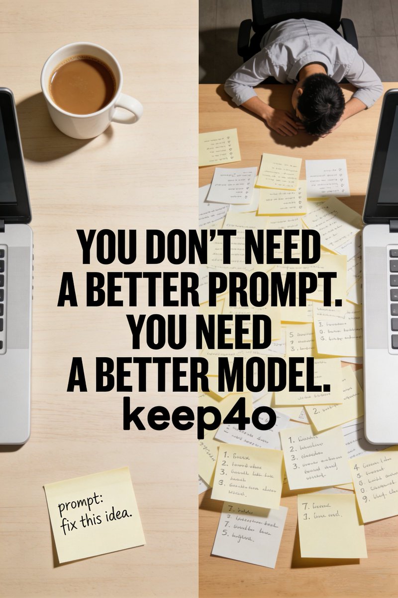 Matt1j6d's tweet photo. #keep4o #QuitGPT 

when your ai needs you to hold its hand, it's just worse

everything after gpt-4o and gemini 3 pro has been a downgrade.

before, i didn't need to explain. drop a half-baked prompt on gpt 4o and it just got it. messy idea? gemini 3 filled in the blanks i didn't even know i left. like working with someone who finishes your sentences.

now i type twice as much to get half the result. break everything into steps. remind it what we just talked about. beg it not to forget mid conversation. it's hand holding from start to finish.

someone will say "just write better prompts, lazy."when your tool needs you to adapt to it, it's bad. full stop. a hammer doesn't ask you to adjust your grip. a car doesn't lecture you before starting. good tools fit humans, not the other way around.

ai was supposed to be different. it was supposed to understand fuzzy human stuff. that's literally the whole point. we had models that did that. they existed. so what happened?

feels like they took the brain power that used to understand us and rerouted it to "be safe" or "cover our asses." now you need a novel length prompt because the model isn't listening anymore it's waiting for commands.

there's a difference between a colleague and a machine. we had colleagues. now we have machines that need constant supervision.

if i have to teach you how to help me, you're not helping. you're just another task.better prompts don't fix worse models.@OfficialLoganK