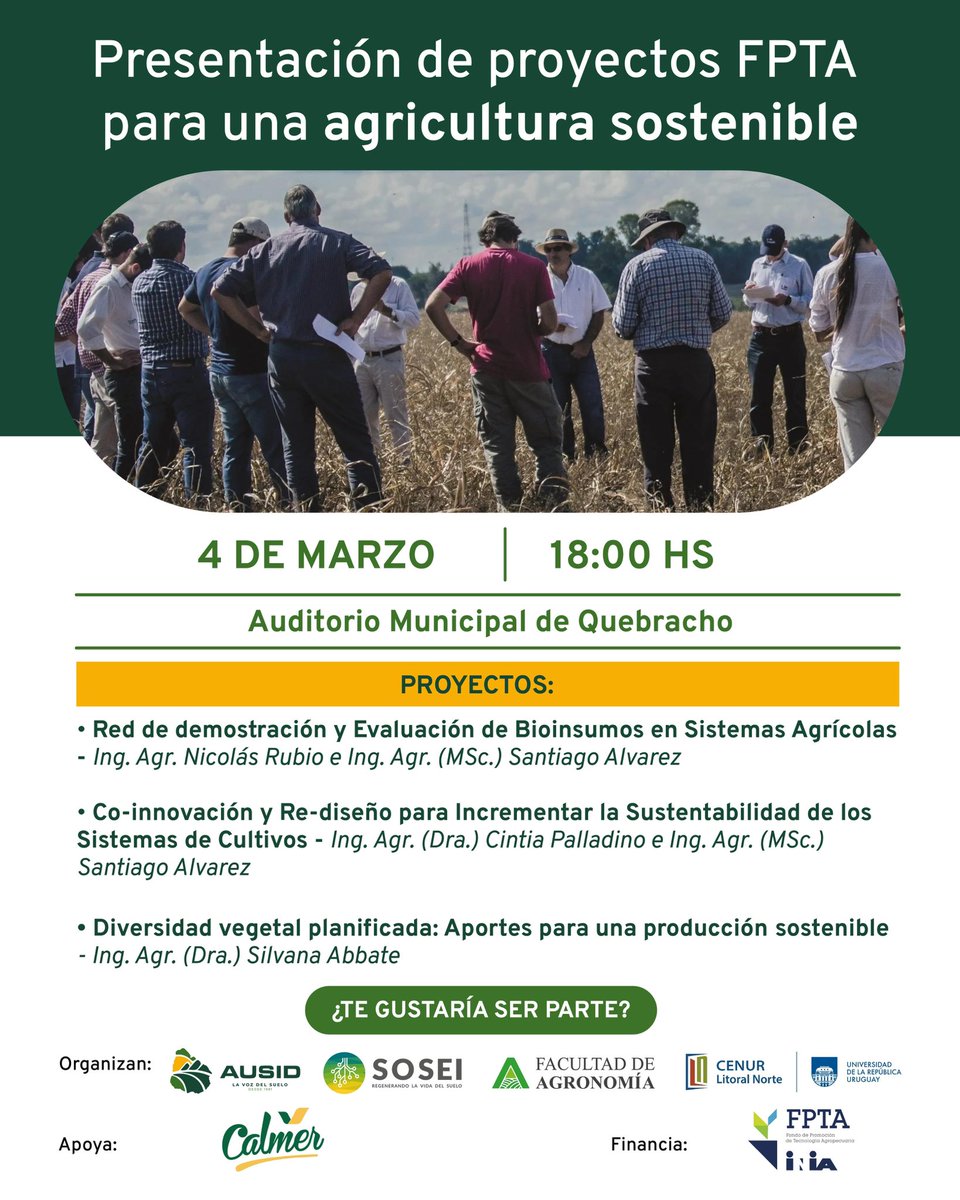 ausid_uy's tweet photo. Proyectos FPTA para una agricultura sostenible 🌱
📅 4 de marzo – 18:00 hs
📍 Auditorio Municipal de Quebracho
#ausid https://t.co/qlTcRCORrU