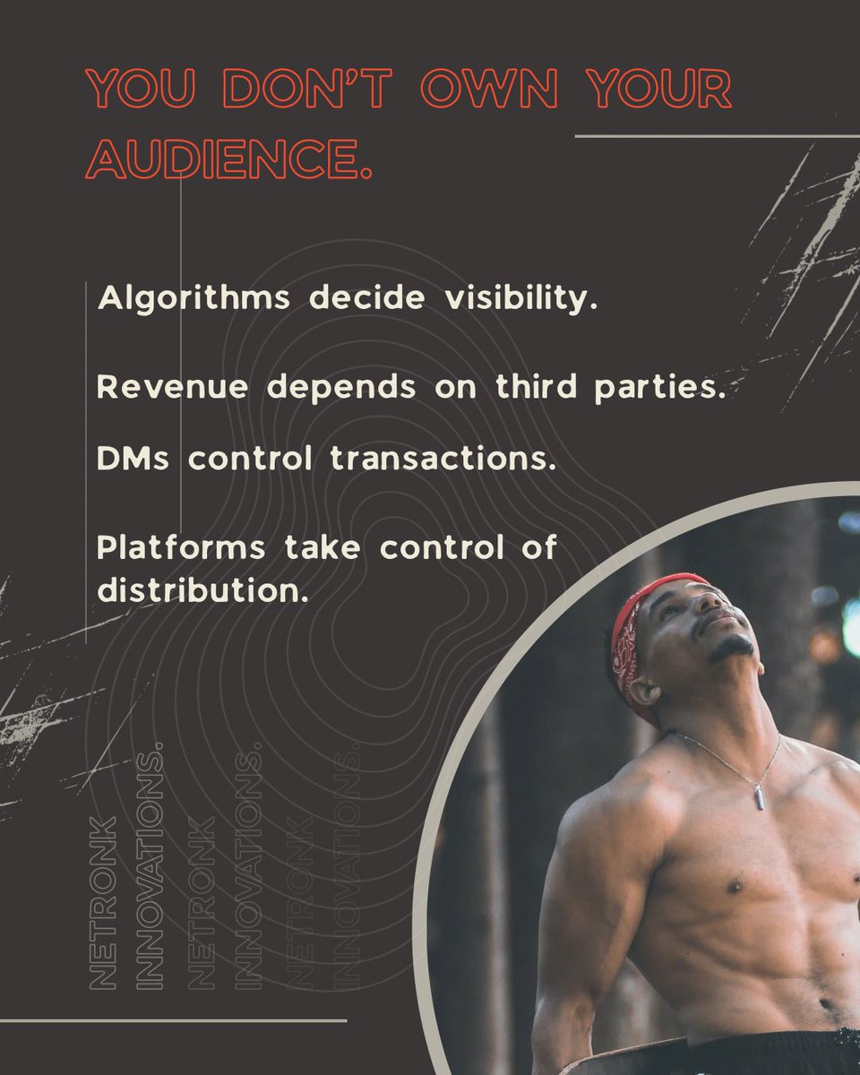 netronkinc's tweet photo. Attention is rented.
Ownership is built.

Fitness brands relying only on social media are building on borrowed land.

The future is private infrastructure.

Selective collaborations open. https://t.co/ZkmmWtVtvl