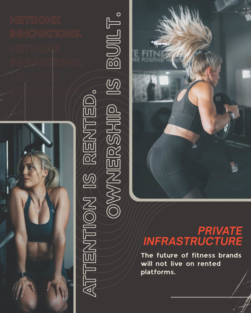 netronkinc's tweet photo. Attention is rented.
Ownership is built.

Fitness brands relying only on social media are building on borrowed land.

The future is private infrastructure.

Selective collaborations open. https://t.co/ZkmmWtVtvl