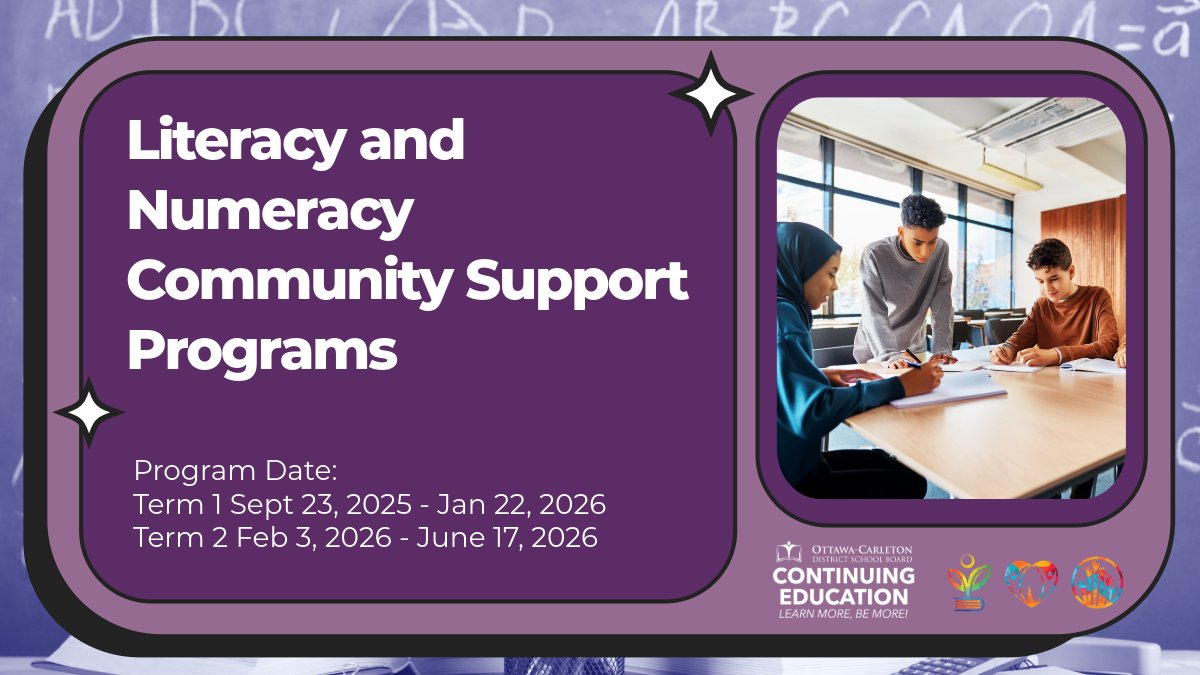 OCDSB_ContEd's tweet image. Our FREE Community Support programs can help build literacy and numeracy skills needed to succeed in school and beyond. The program is offered at 4 different sites.
For more information, please visit bit.ly/3Xo0KCP.
#Literacy #Numeracy #CommunitySupport
