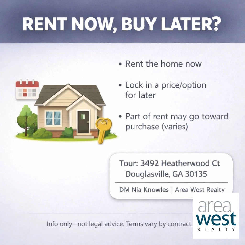 AreaWestRealty's tweet photo. Quick Tip: What’s a lease-purchase? 🔑 Rent now, buy later! Move in as a tenant and agree on a future price. A solid path if you need time to get mortgage-ready. DM us to talk options! ✅ #RealEstateTips #AtlantaHomeBuyer #AreaWestRealty https://t.co/OZX9qSv6CM