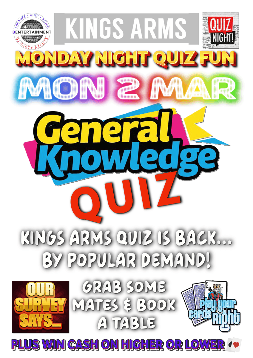 ItsBentertains's tweet image. Guaranteed fun and prizes at The Kings Arms in Chipping Norton this evening at our monthly #quiznight! Not too late to #bookatable and show off your trivia knowledge plus you could win £51 on #PYCR ♥️♣️♦️#Arkells #pubquiz 📞01608 642668