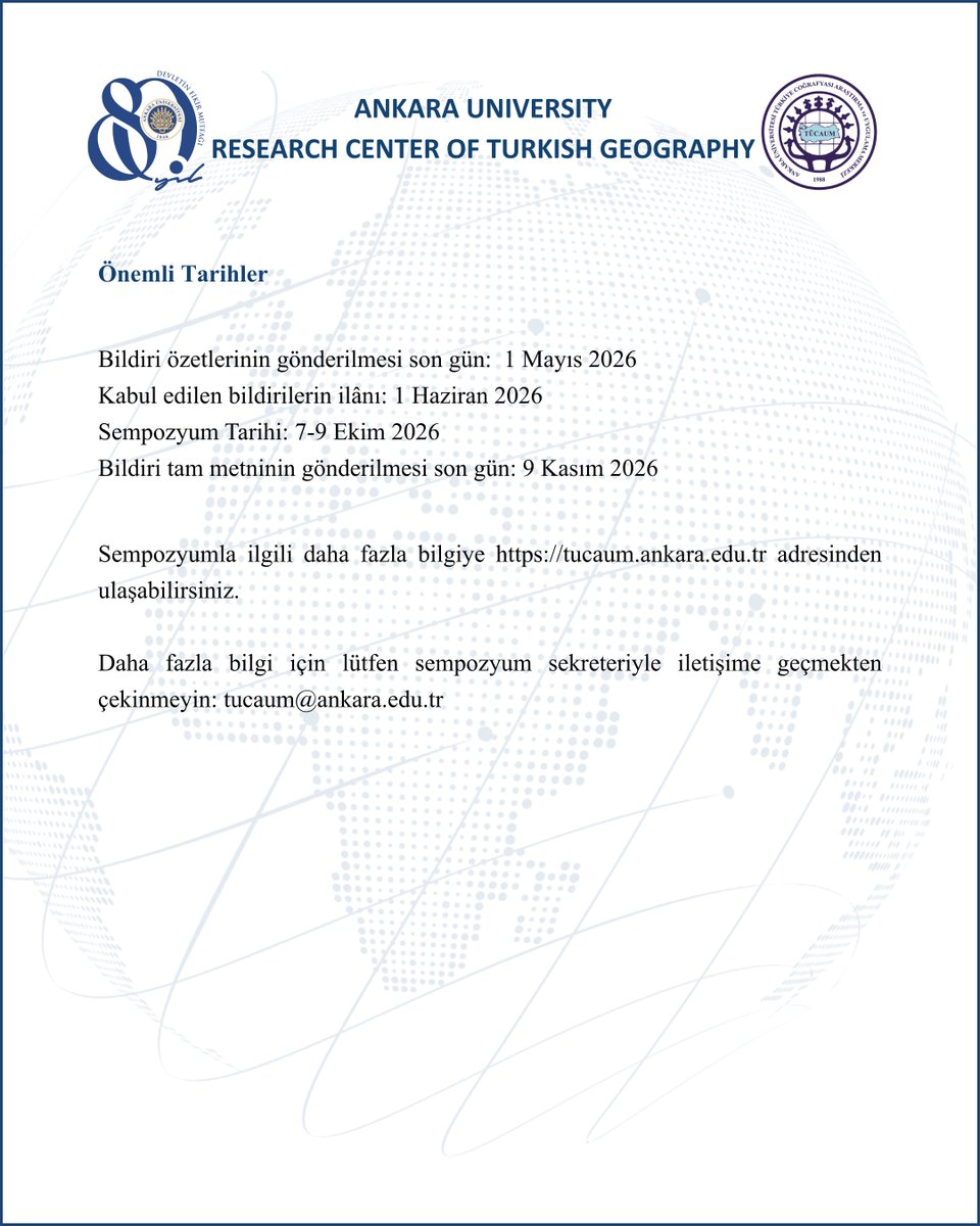 Sempozyum hakkında ayrıntılı bilgi edinmek ve başvuru yapmak için tucaum.ankara.edu.tr adresini ziyaret edebilirsiniz.

#TÜCAUM2026