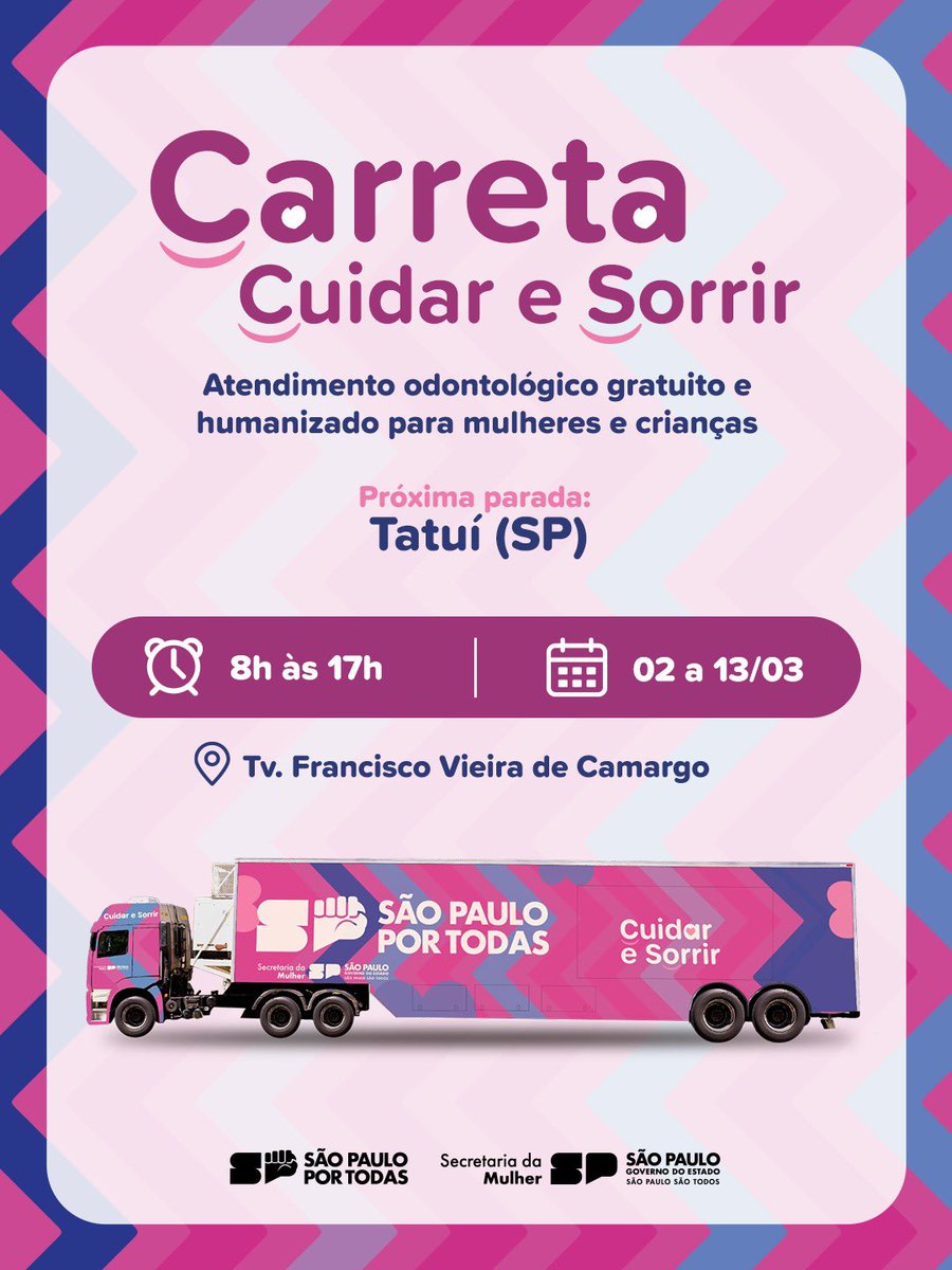 De 2 a 13/3, Tatuí recebe a Carreta Odontológica Cuidar e Sorrir, com atendimento gratuito para mulheres vítimas de violência e seus dependentes.
A ação integra o SP Por Todas, do <a href="/governosp/">Governo de S. Paulo</a>, fortalecendo o cuidado no Estado. 💙