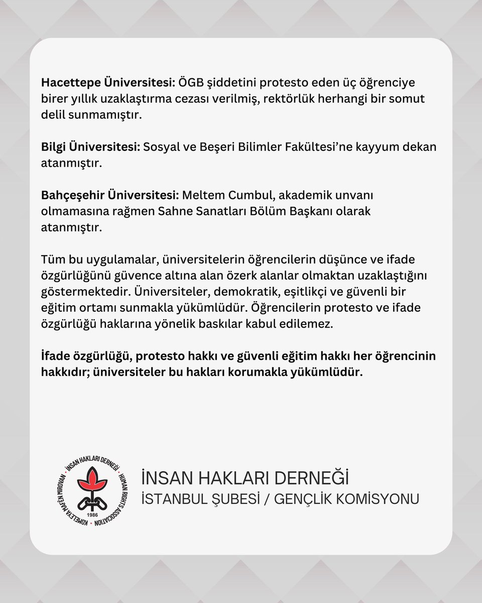 ŞUBAT AYINDA ÜNİVERSİTELERDE NELER OLDU ?!

*Şubat ayında üniversitelerde yaşanan hak ihlallerine dair basın açıklamamız