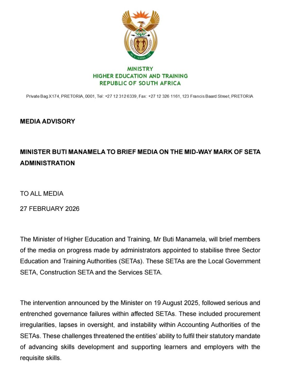 HigherEduGovZA's tweet image. [MEDIA ADVISORY] Minister @ButiManamela to brief media on the mid-way mark of Sector Education and Training Authorities (SETAs) Administration
dhet.gov.za/SiteAssets/Med…

#SETAs
#GovernanceMatters