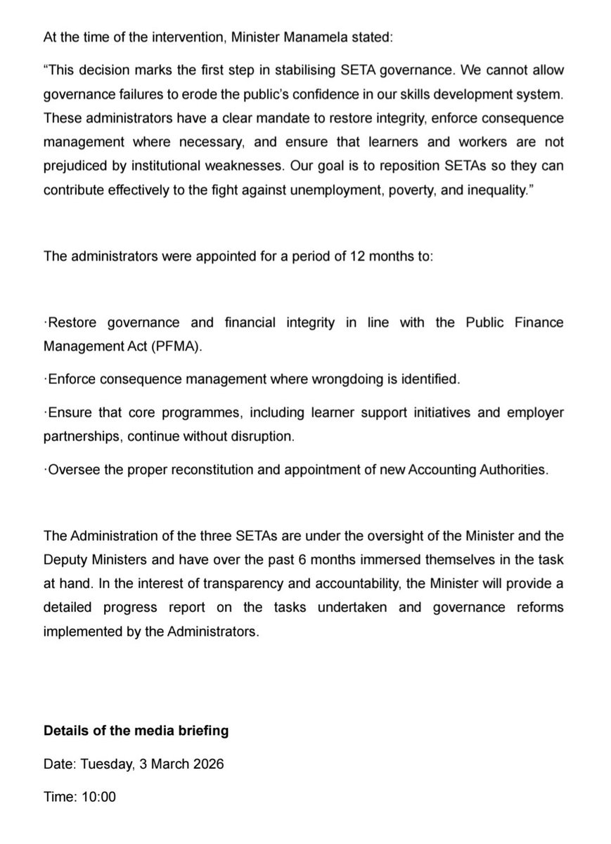 HigherEduGovZA's tweet image. [MEDIA ADVISORY] Minister @ButiManamela to brief media on the mid-way mark of Sector Education and Training Authorities (SETAs) Administration
dhet.gov.za/SiteAssets/Med…

#SETAs
#GovernanceMatters