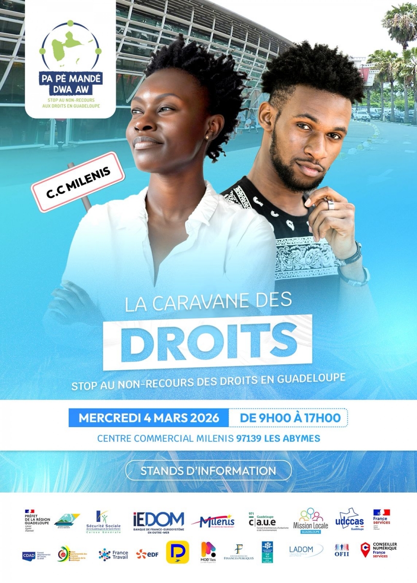 LadomOfficiel's tweet image. 📣 La Caravane des Droits fait étape aux Abymes 
📅 4 mars 2026
🕘 9h00–17h00
📍 Centre commercial Milénis
LADOM Guadeloupe sera présente pour informer et orienter le public sur ses dispositifs de mobilité.
👉Venez échanger avec nos équipes.

#LADOM #Guadeloupe #CaravaneDesDroits