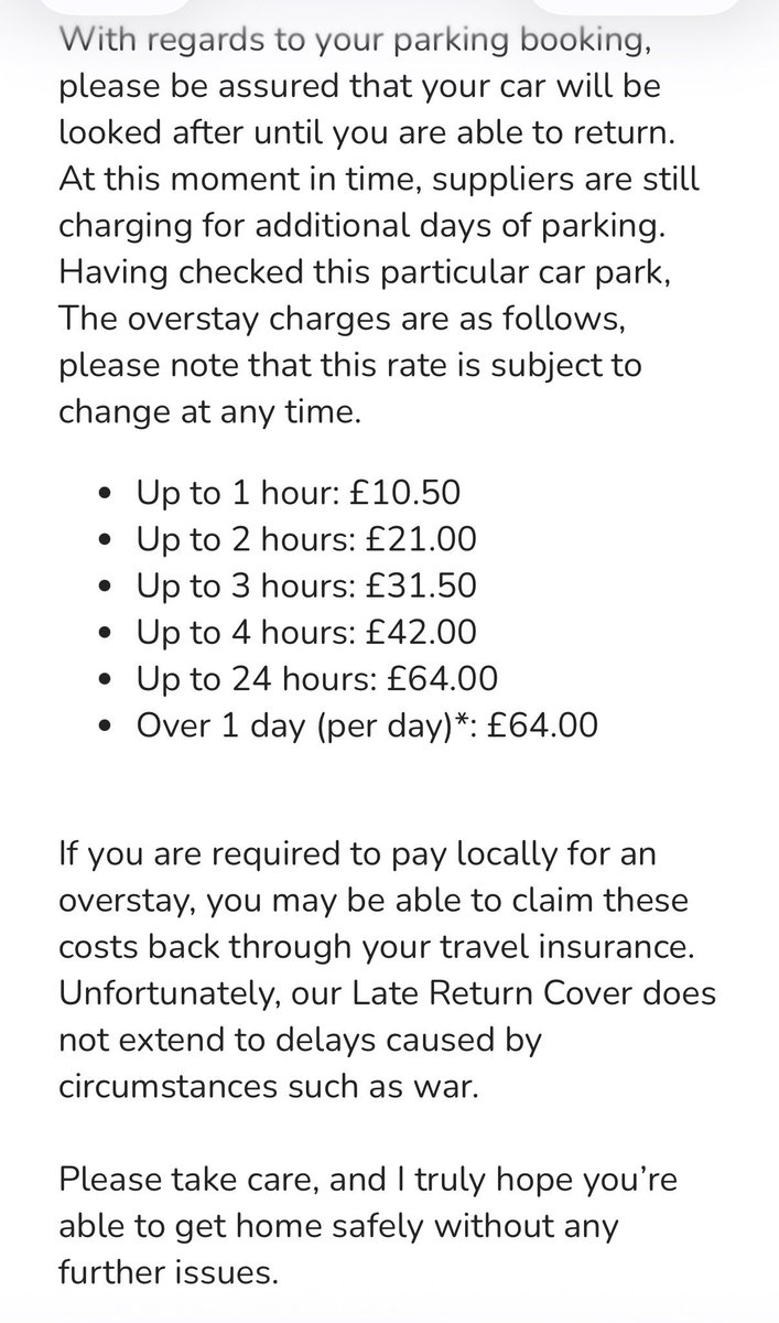 NaturalAesthet's tweet image. Please do not book your airport parking with @HolidayExtras as we are currently stuck in #dubai  and despite paying extra for Late Return Cover they have told us this doesn’t include delays caused by war. I, for sure will not be booking with them again #poorcustomerservice