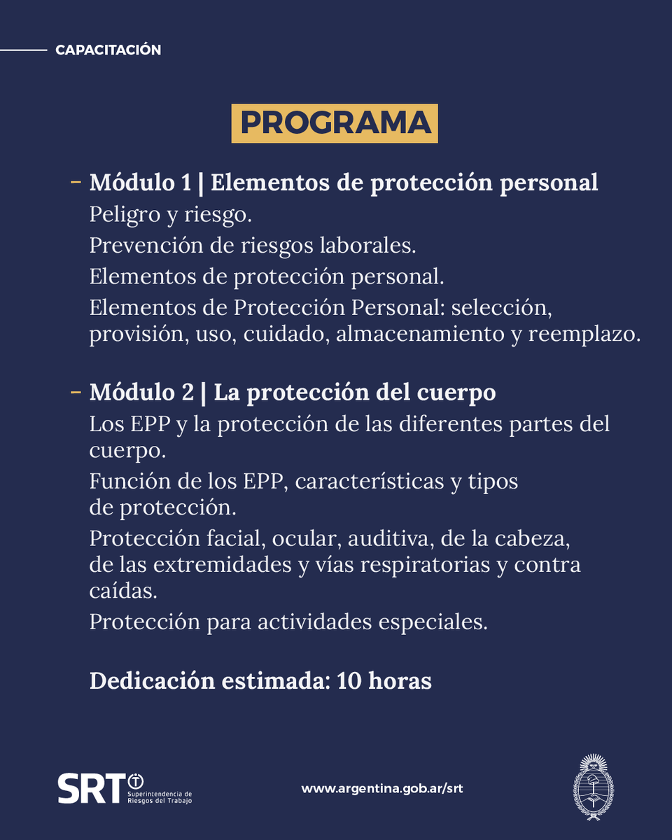 SRTArgentina's tweet photo. 🎓CAPACITACIÓN SRT

🔵 CURSO MARZO – ELEMENTOS DE PROTECCIÓN PERSONAL
🔎Encontrá más información en el link https://t.co/nUorKoHaZL  

Haciendo del trabajo un lugar seguro
#TrabajoSeguro
#Seguridadlaboral https://t.co/jt9vcmszJ7