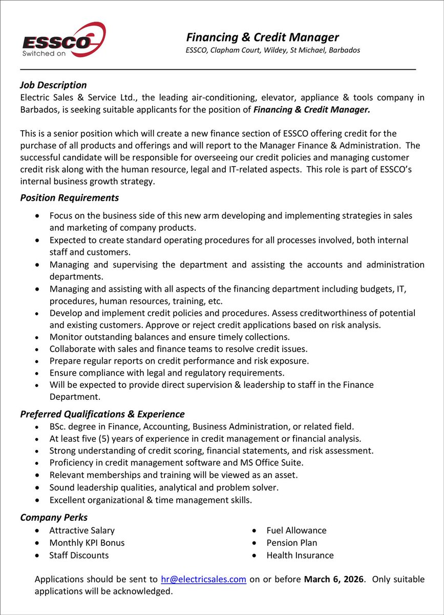 impressionbdos's tweet photo. Vacancy For A Financing &amp; Credit Manager - https://t.co/pg4FPOZQOO https://t.co/m891pF3vGZ